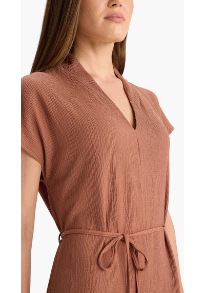Defacto Regular Fit V Yaka Bağlamalı Midi Elbise F4673ax25hsbn101 Kahve