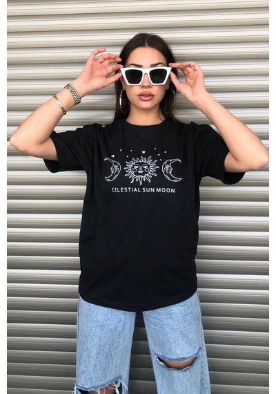 Startmore Bisiklet Yaka Siyah Ay Baskılı Oversize Siyah