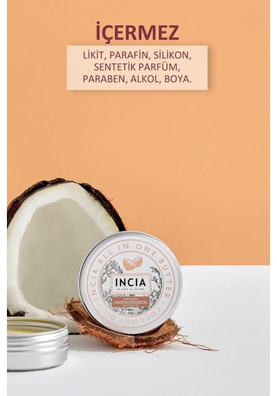 INCIA %100 Doğal Tüm Vücut İçin Butter Yoğun Nemlendirici Krem Hindistan Cevizli Organik Vegan 50 ML