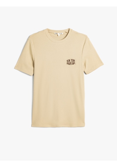 Koton Slim Fit Tişört Slogan İşlemeli Kısa Kollu Bisiklet Yaka Pamuklu Bej 5wam10091hk Ekru