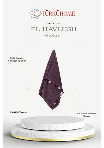 Püsküllü Yumuşak Pamuk Havlu Yüksek Emicili El Havlusu 50x90 Cm Mor