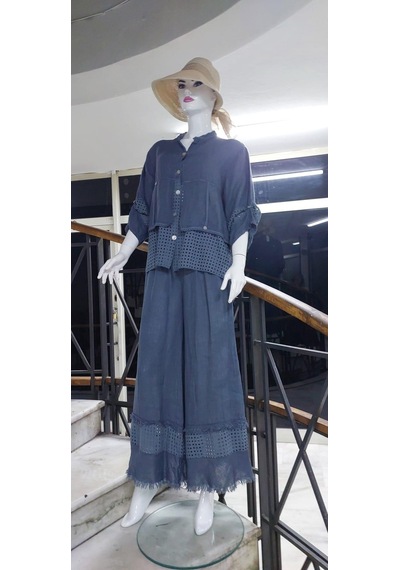 Bohem Stil İtalyan Fisto Detaylı Keten Pantolon Ceket Takım-9196 Gri
