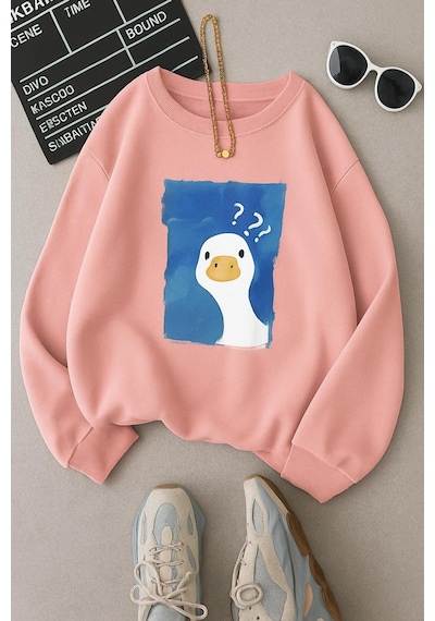 Benroma 3 İplik Penye Ördek Baskılı Unisex Sweatshırt Pembe