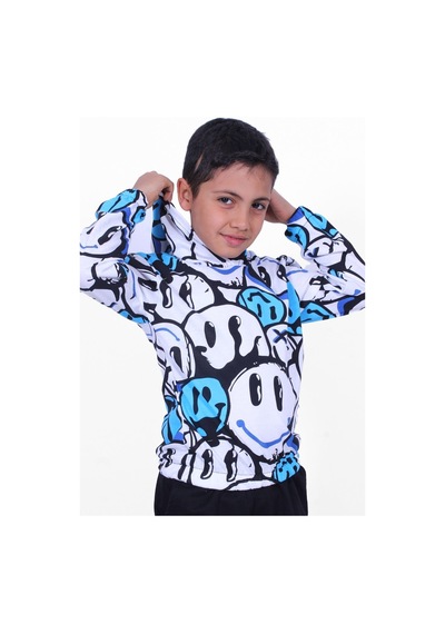Panios Kids Mavi Emoji Desenli Kapüşonlu Unisex 2 Iplik Sweatshirt Mavi