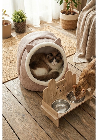 İsim Yazılabilir Kulaklı Mama Kabı Ve Keçe Kedi Ve Küçük Irk Köpek Evi Seti Bej