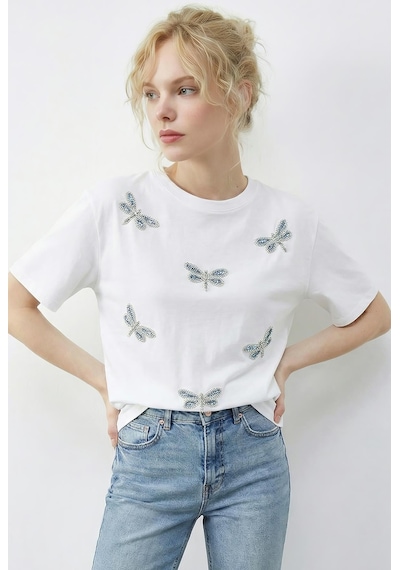 Shade Kadın Boncuk Taş İşlemeli Yusufçuk Desenli Rahat Kalıp T-shirt 2212 60283971 - Beyaz Shade Kadın Boncuk Taş İşlemeli Yusufçuk Desenli Rahat Kalıp T-shirt 2212 60283971 - Beyaz
