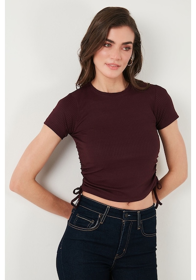 Lela Yanlardan Büzgülü Kısa Kollu Crop Bayan Bluz 5864010 Vişne
