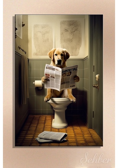 Dekoratif Dikey Kanvas Tablo Tekli Ev Kafe Ofis Banyo Tuvalet Gazete Okuyo Golden Retriever 2062