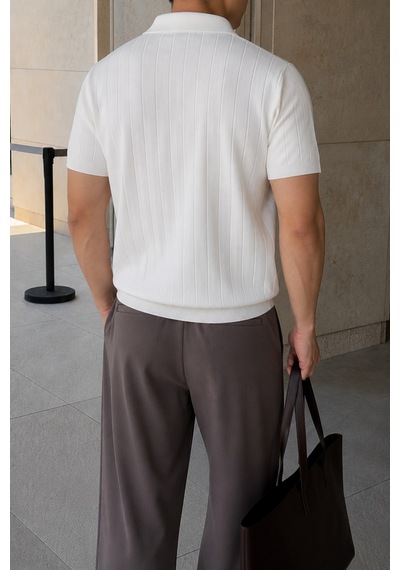 Tarz Cool Erkek Çizgili Triko Polo Yaka Tişört Slim Fit Premium Pamuklu Yazlık Polo Beyaz