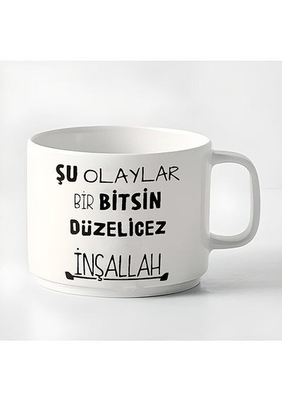 Duble Türk Kahvesi Fincanı & Espresso Şu Olaylarbir Bitsin Düzelicez '' Inşallah'' 180 Ml Beyaz