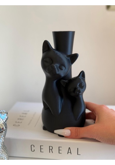 Plastik Yapay Çiçeklerle Uyumlu Kedi Figürlü Şık Ve Sevimli Dekoratif Vazo Siyah