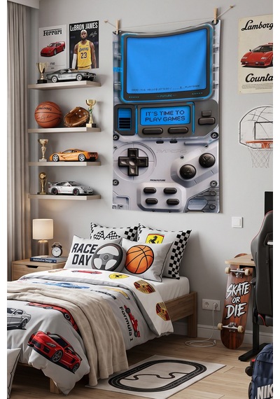 Klasik Gameboy Duvar Örtüsü, Retro Oyuncu Odası Dekoru, Kumaş Duvar Halısı Beyaz