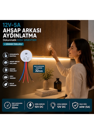 Ahşap Arkası 12V DC– 5A (60W) Dokunmatik Gizli Anahtar| Dimmer Özellikli