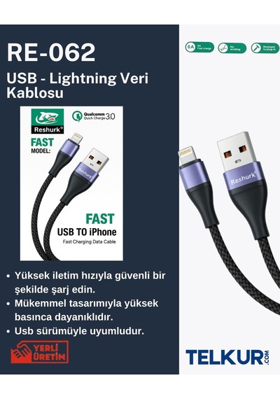Ferro Reshurk Re-062 Usb-c & Lightning Metal Uclu 1000cm 6a Hasır Data - Şarj Kablosu