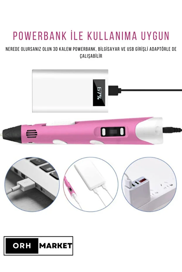 Orh Market 3d Kalem 3d Pen Usb Kablolu Üç Boyutlu Yazıcı Kalem Printer Ve Pembe Tavşan Grafik Tablet Set - Pembe