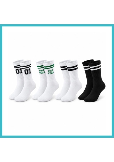 Bezos Unisex Çorap Çizgili 4'lü Set 07 Good Vibes Yazılı Siyah Beyaz Uzun Soket Spor Kolej Stil Rahat Şık Dfnbez Çok  Renkli