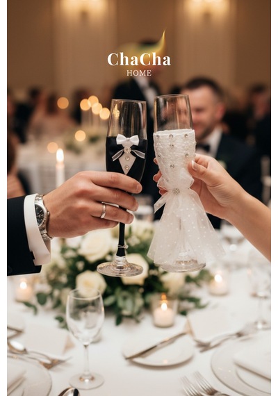 Chacha Home Lüks Düğün Temalı Gelin Damat Kadehi Beyaz - Gri - Siyah