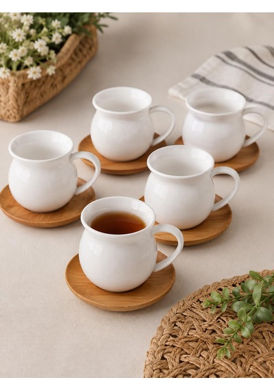 6 Kişilik Bambu Tabaklı Çay Fincanı, Neskafe 200ml Beyaz