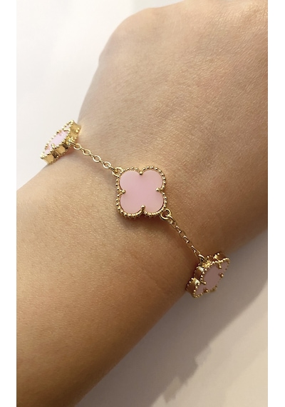 Kadın Pembe Renk Yonca Model Çelik Bileklik Gold