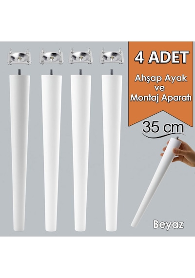 4 Adet Ahşap Ayak 35 Cm Beyaz M8 Civatalı Bağlantı Aparatlı Mobilya Tabure Sehpa Masa Destek Ayağı Beyaz