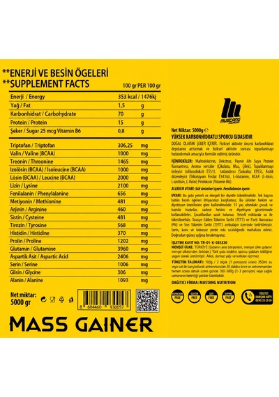 Mustang Nutrition Mass Gainer Karbonhidrat Tozu 5000 Gr 50 Servis Çilek + Shaker + Protein Kahve Hediyeli Çilek Aromalı