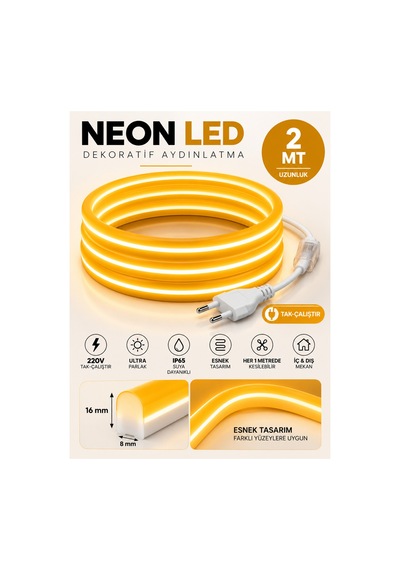 2 Metre Amber Neon Led 220v Tak Çalıştır Ip65 Esnek Hortum Led Ultra Parlak İç Dış Mekan Ultra Esnek Turuncu - 920214632 Turuncu