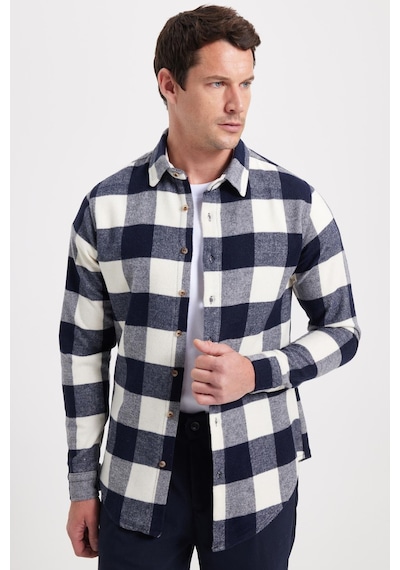 Tudors Erkek Slim Fit Dar Kesim Kareli Kışlık Oduncu Gömlek-42336 Lacivert