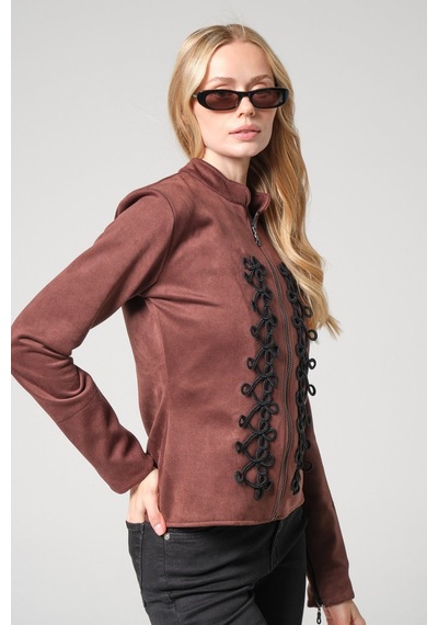 Mayrem Nakış İşleme Detaylı Slim Fit Fermuarlı Kadın Süet Ceket Kahverengi