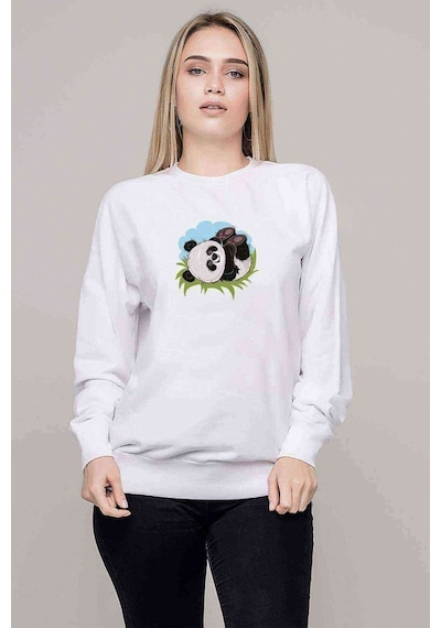 Panda Baskılı Beyaz Kadın Sweatshirt (528346161)