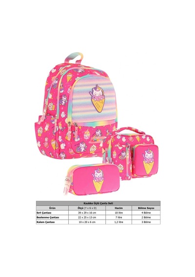 Kaukko Kids Üçlü Kız Çocuk İlkokul Okul Çantası Seti L5227+l7227+l8227 Pembe - Kauçuk Dondurma Pembe