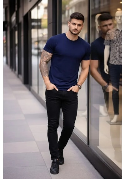 Modi Green Erkek Lacivert Bisiklet Yaka Slim Fit Dar Kesim Likralı Günlük Ba Modi Green Erkek Lacivert Bisiklet Yaka Slim Fit Dar Kesim Likralı Günlük Ba