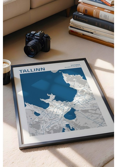 Tallinn Estonya Haritası Çerçeveli Tablo Lüks Salon Ofis Duvar Dekorasyonu Hediyelik Tablo