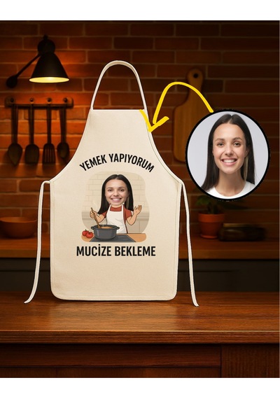 Kişiye Özel Karikatür Fotoğraflı Mutfak Önlüğü Mucize Bekleme Krem