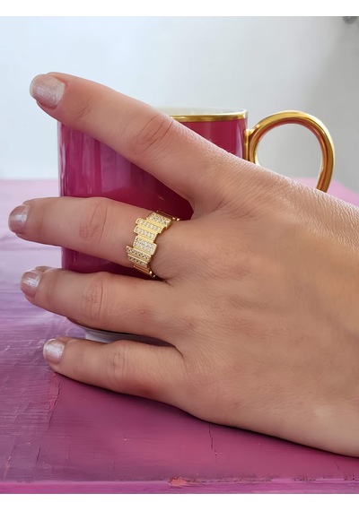 Eva Takı Store Zikzak Geometrik Model Sedefli Zirkon Taşlı Ayarlanabilir Gold Renk Çelik Yüzük Gold