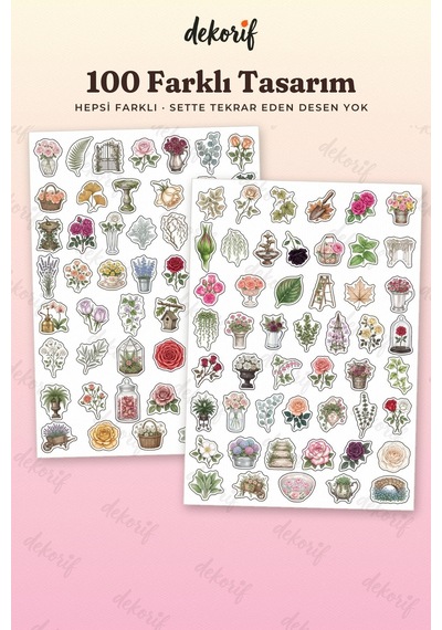 Gül Ve Demet Sticker Seti 100 Adet - Nostaljik Çiçekler Yapraklar Ve Tomurcuklar Botanik Çıkartma Çok Renkli