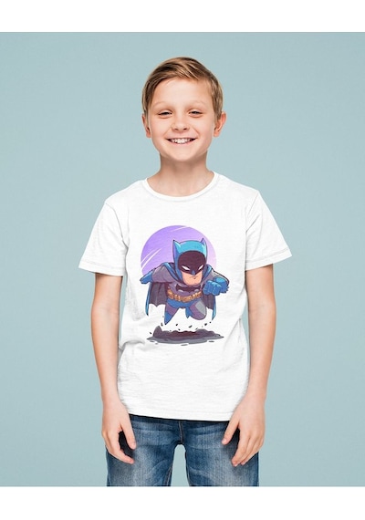 Sevbano Batman Kahraman Baskılı Unisex Film Çocuk Tişört 1-12 Yaş Beyaz