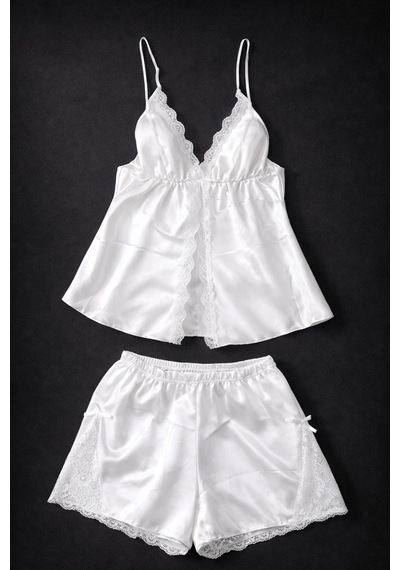 Visatin Siyah V Yaka Saten Şortlu Takım Noir Minimalist Loungewear Beyaz