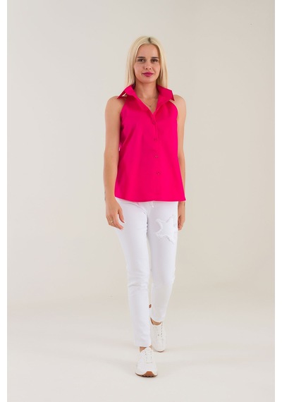 Bold & Young Kadın Fuşya Kolsuz Omuz Açık Likralı Poplin Gömlek 9208 Fuşya