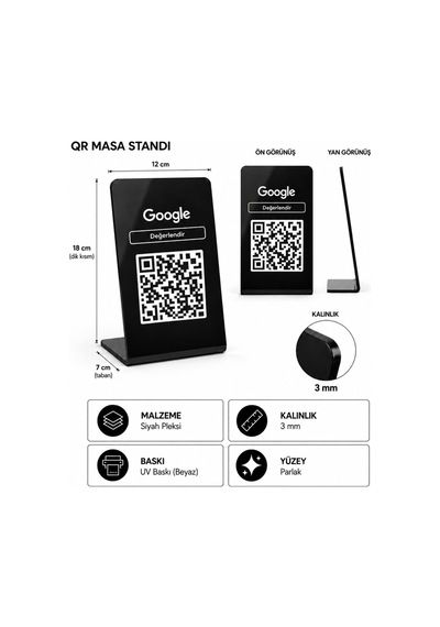 Meo 3'lü Paket - Google Yorum Standı - Qr Kodlu Masaüstü Pleksi Stand Siyah