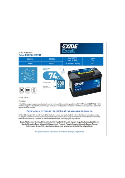 Exide 12V 74Ah 680Cca Excell (72Ah Kutu)-Exide / 552778591