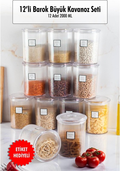 12'li Barok Yuvarlak Büyük Kavanoz Seti & Saklama Kabı & Erzak Kabı 12 2000 Ml Sarı