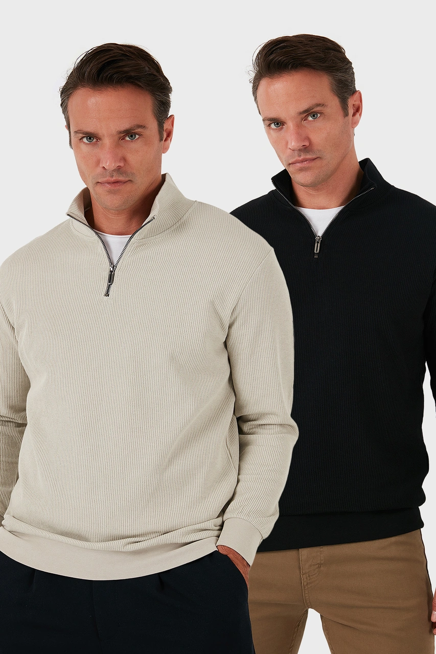 Buratti Pamuklu Regular Fit Yarım Fermuarlı Dik Yaka 2'Li Paket Erkek Sweat 5905716S2 Siyah-Taş