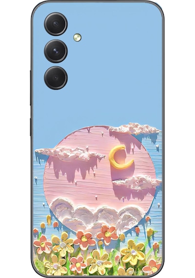 Samsung Galaxy A54 Uyumlu Çiçekli Ay Baskılı Silikon Kılıf Renkli