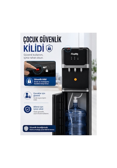 Maxilife PS-SLR-818 Aqua Kompresörlü Alttan Damacanalı Çocuk Kilitli Sıcak Soğuk Normal Su Sebili Siyah