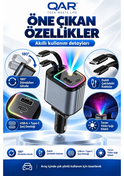4 Ü 1 Arada Araç Şarj Aleti Type-c Ve Lightning Kablolu Hızlı Şarj Çakmaklık Adaptörü