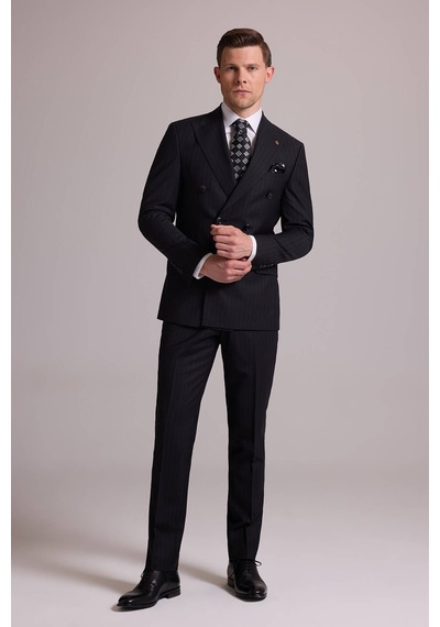 Erkek Siyah Slim Fit Çizgili Kruvaze Yün Takım Elbise