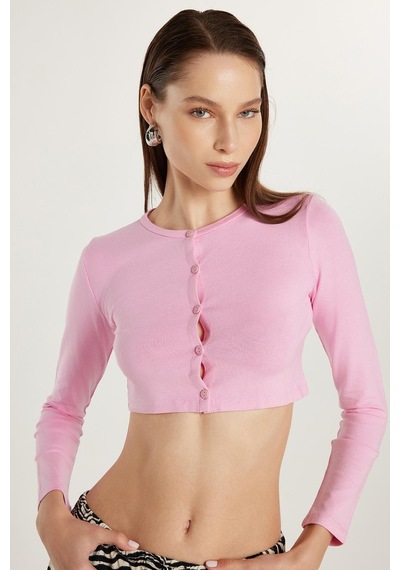 Tudors Kadın Slim Fit Dar Kesim Uzun Kollu Bisiklet Yaka Pembe Hırka-33818 Pembe