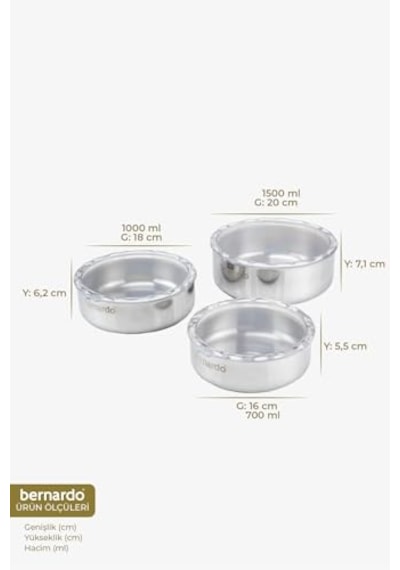 Stelo 3'lü Çelik Saklama Kabı 16-18-20 Cm 6 Parça Diğer