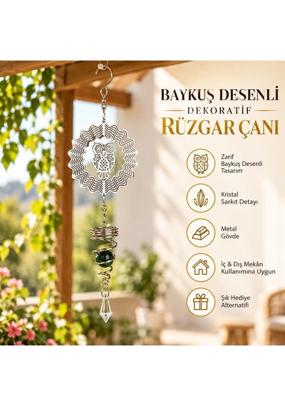 Baykuş Desenli Dekoratif Rüzgar Çanı 36 Cm Metal Gövdeli Kristal Sarkıtlı Balkon Bahçe Pencere Süsü