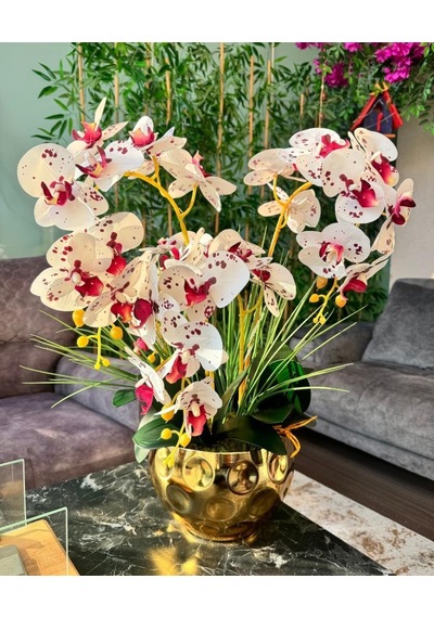 Yapay Çiçek 4lü Bordo Çilli Beyaz Islak Orkide Metal Yuvarlak Gold Vazoda Orkide 50cm